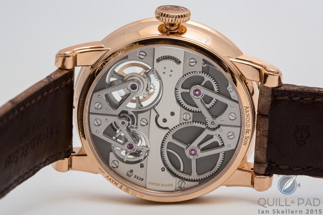 View through the display back of the Arnold & Son Constant Force Tourbillon