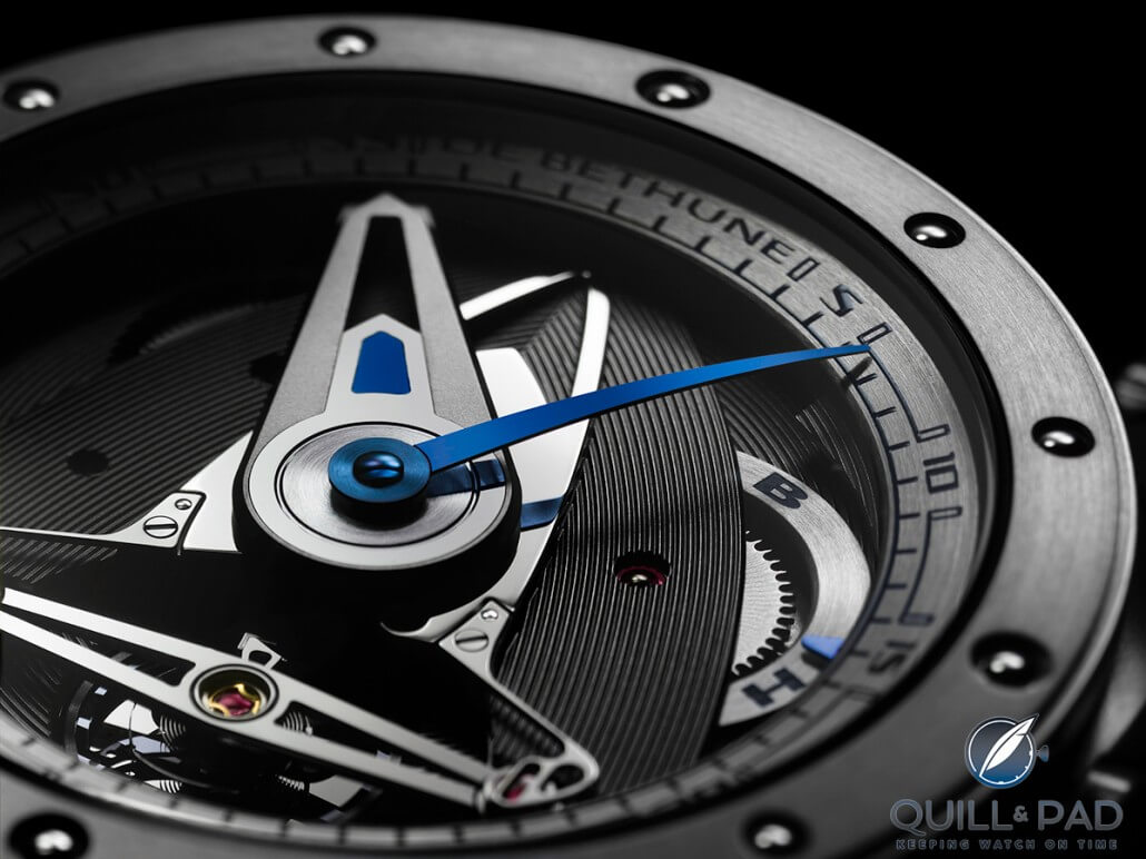 A closer look at the finely engraved microlight lines on the movement plates and bridges