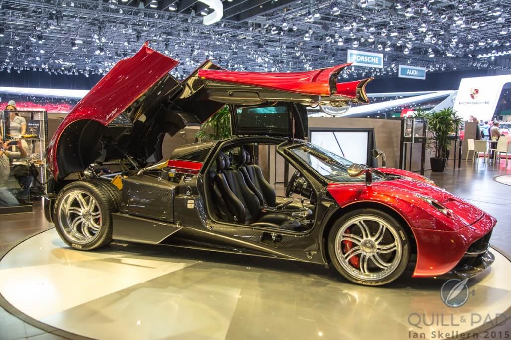 Pagani with open doors and engine cover at the 2015 Geneva International Motor Show