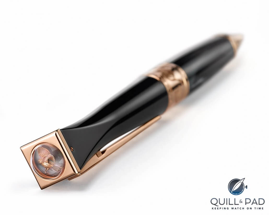 The Jaquet Droz “ateliers d’art” version of the pen featuring a hand-engraved bird over mother-of-pearl