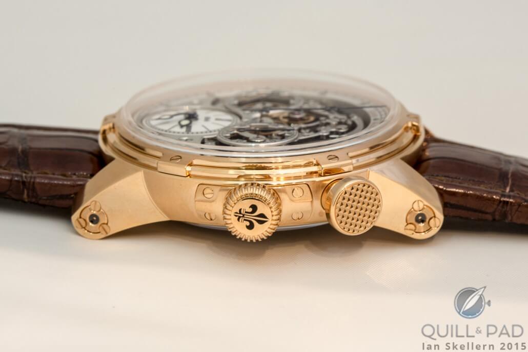 The Louis Moinet Memoris has a very distinctive pusher and crown