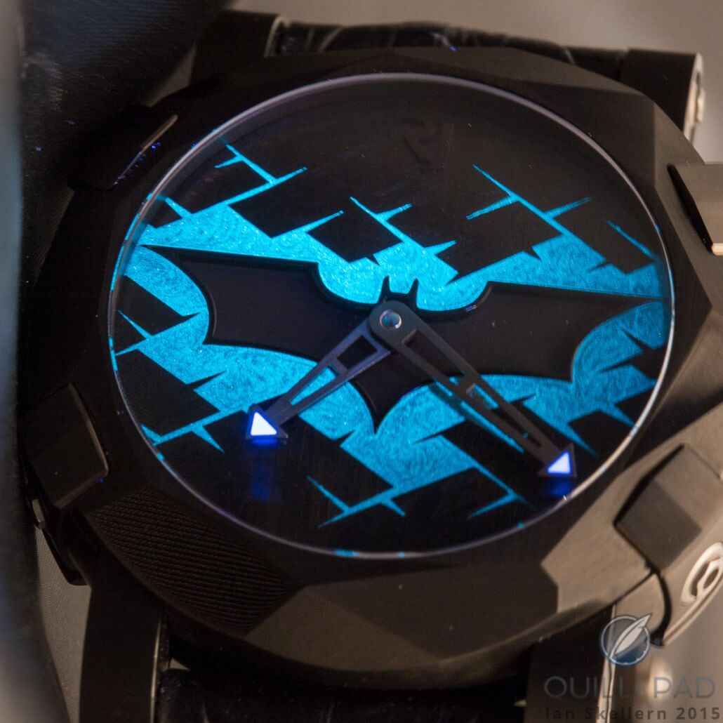 The Romain Jerome Batman-DNA shines the bat signal at night
