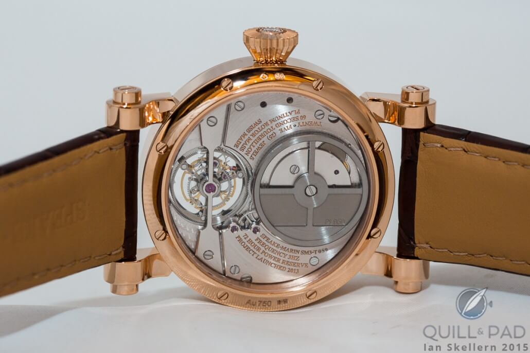 View through the display back of the Speake-Marin Dong Son Tourbillon