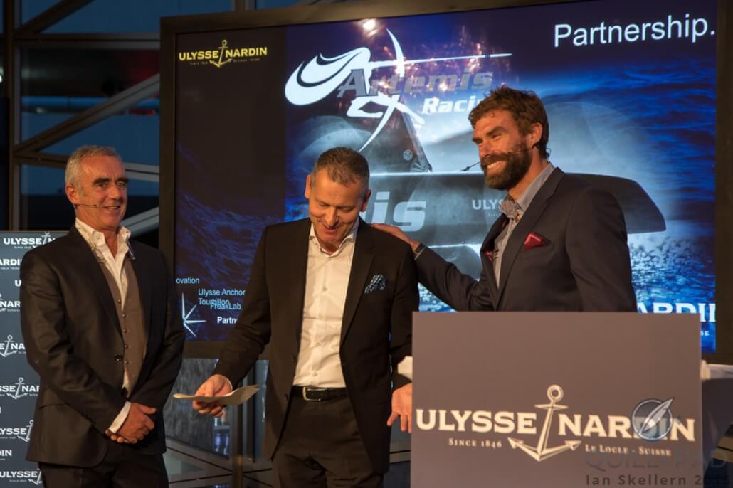 Loïck Peyron (Artemis Racing), Patrik Hoffmann (CEO Ulysse Nardin), and Iain Percy (Artemis Racing) at the Baselworld announcement of the partnership