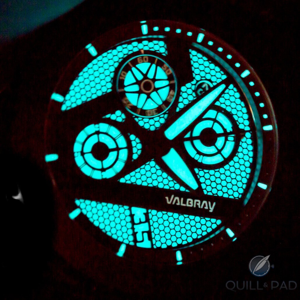 The lume of the Valbray Oculus Chrono lights up the night sky, but only when the dial's 