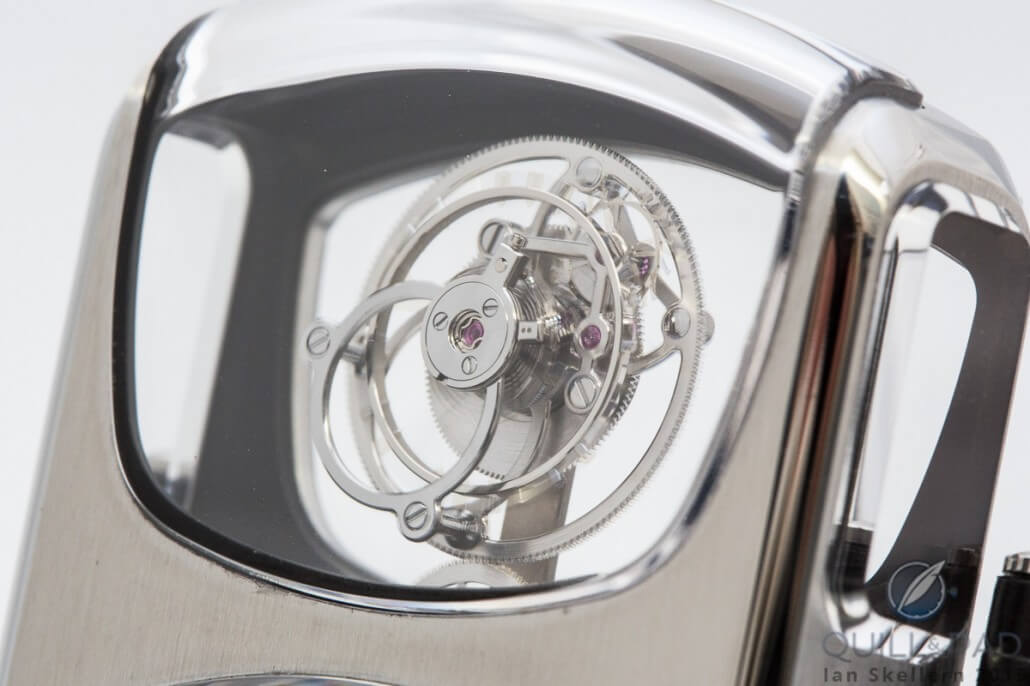 The deconstructed flying tourbillon of the Angelus U10 Tourbillon Lumière appears to float in space