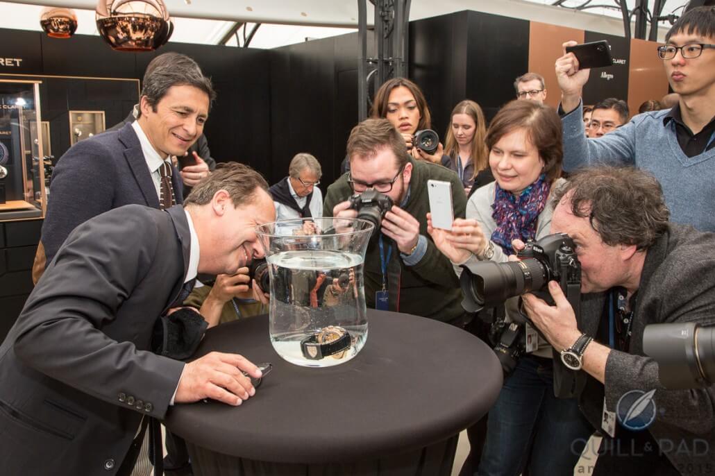 Mr. Christophe Claret demonstrating his confidence in the water resistance of his Allegro minute repeater