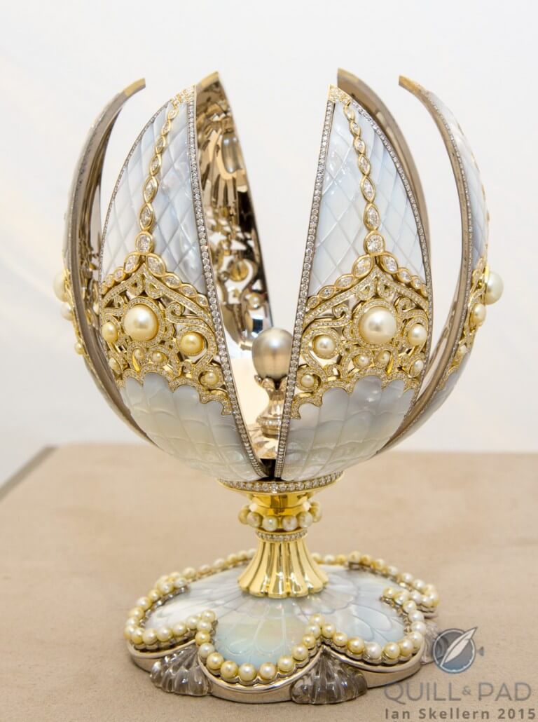 The Fabergé Pearl Egg opens to reveal the rare 12.17-carat grey pearl inside