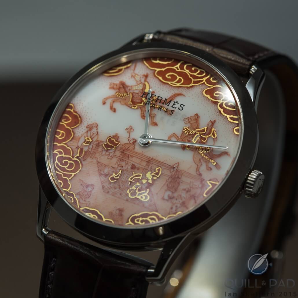 Slim d'Hermès Koma Kurabe watch with hand-painted Sèvres porcelain dial