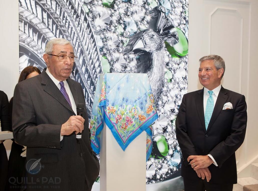 Hussain Ibrahim Al-Fardan (left) unveiling the Pearl Egg with Fabergé CEO Robert Benvenuto