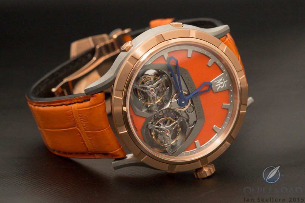 Manufacture Royal Double Tourbillon: one rotates in 60 seconds, the other in 30 seconds