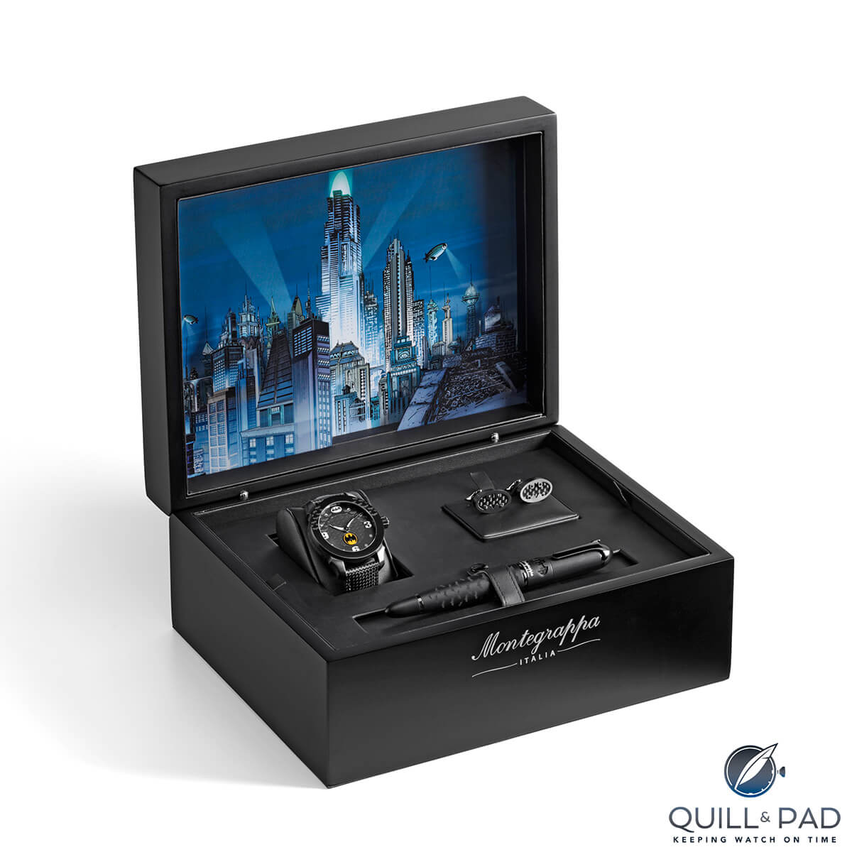 Gotham City-decorated presentation case for the Montegrappa Batman fountain pen, watch, and cufflinks