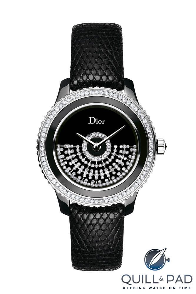 Dior VIII Grand Bal Resillé in black ceramic with rotor woven with lace on black lizard leather strap