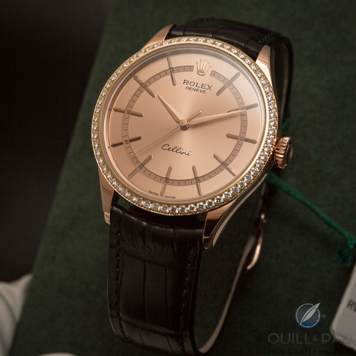 Rolex Cellini with golden dial and diamond-set bezel