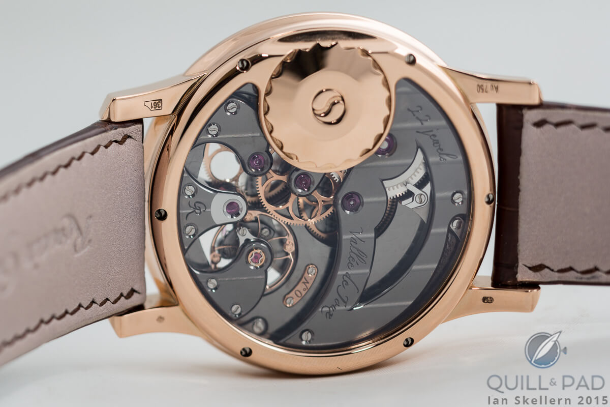 View through the display back of the Romain Gauthier HMS Ten in red gold