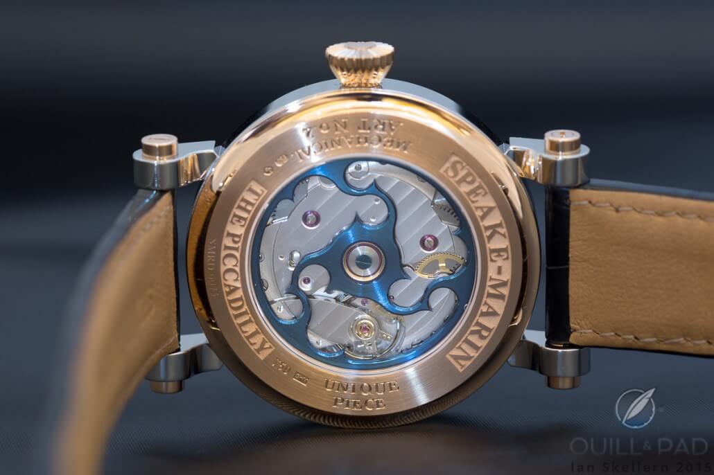 View through the display back of the Speake-Marin Jumping Hours reveals the brand's trademark 