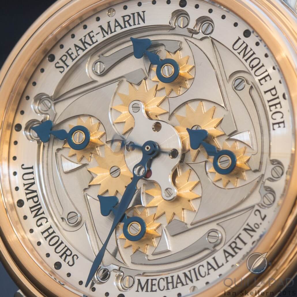 Close-up view of the dial-side jump mechanisms of the Speake-Marin Jumping Hours