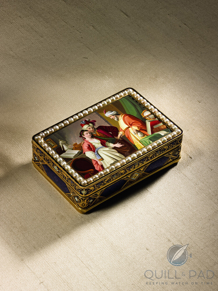 Gold inlaid musical snuff box with automata circa 1815, attributed to Piguet & Meylan