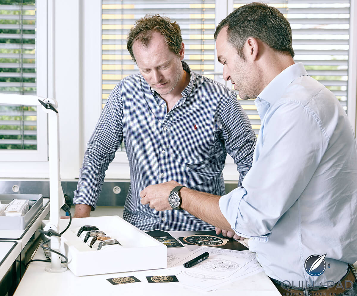 Gumball 3000 organizer Maximillion Cooper (left) discussing designs with Armin Strom’s head watchmaker Claude Greisler