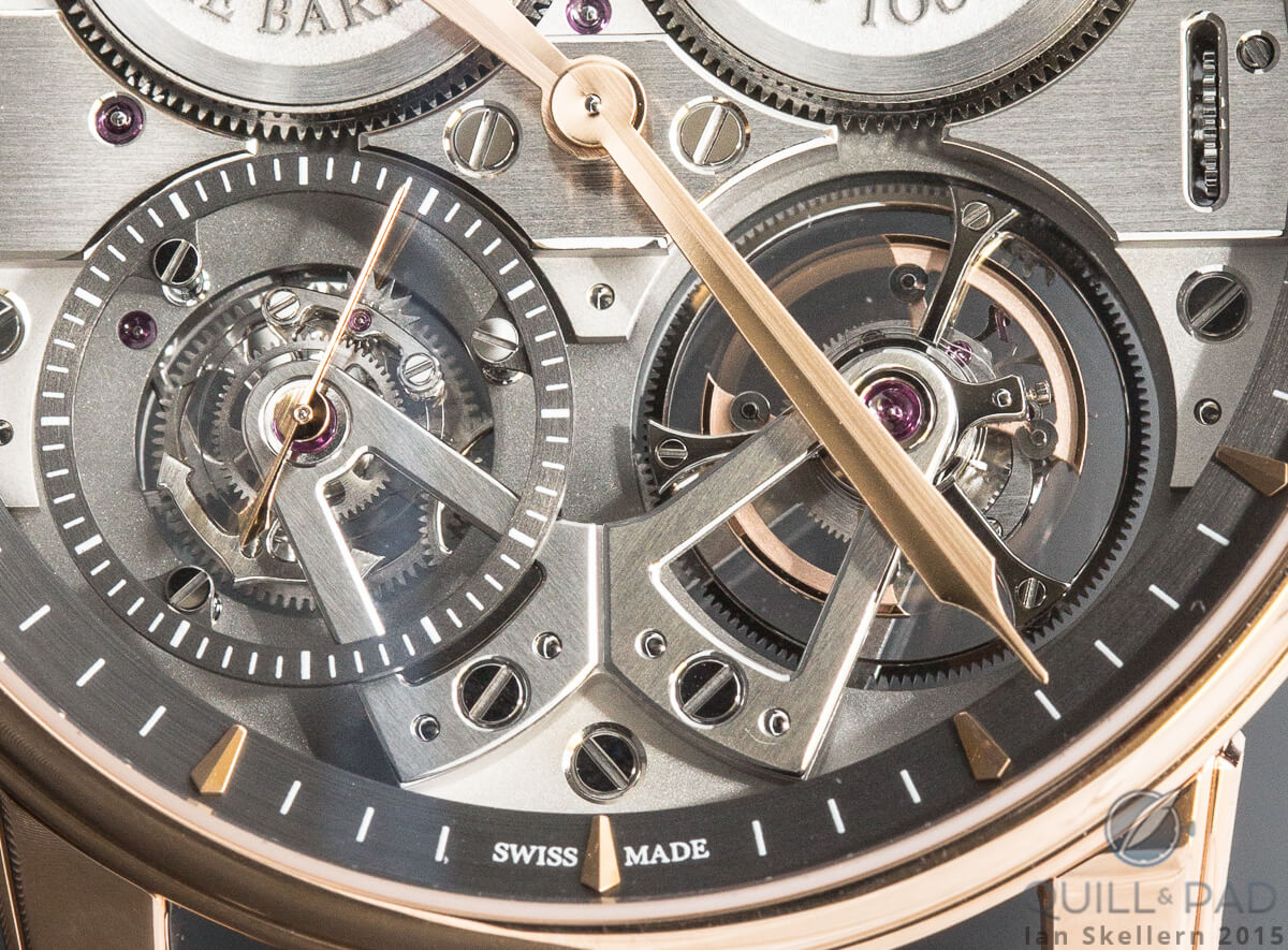 Close up and personal with the constant force mechanism (left) and tourbillon (right) of the Arnold & Son Constant Force Tourbillon