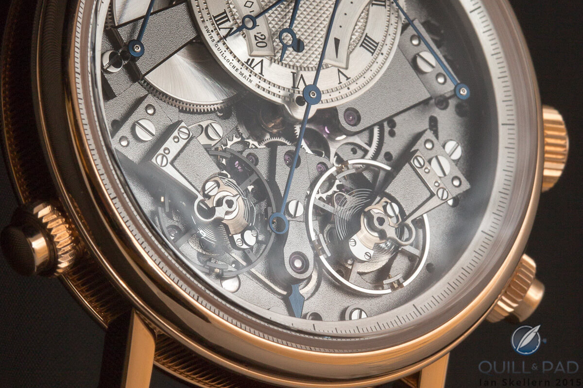 A close-up look dial side of the Breguet 7077 La Tradition Independent Chronograph