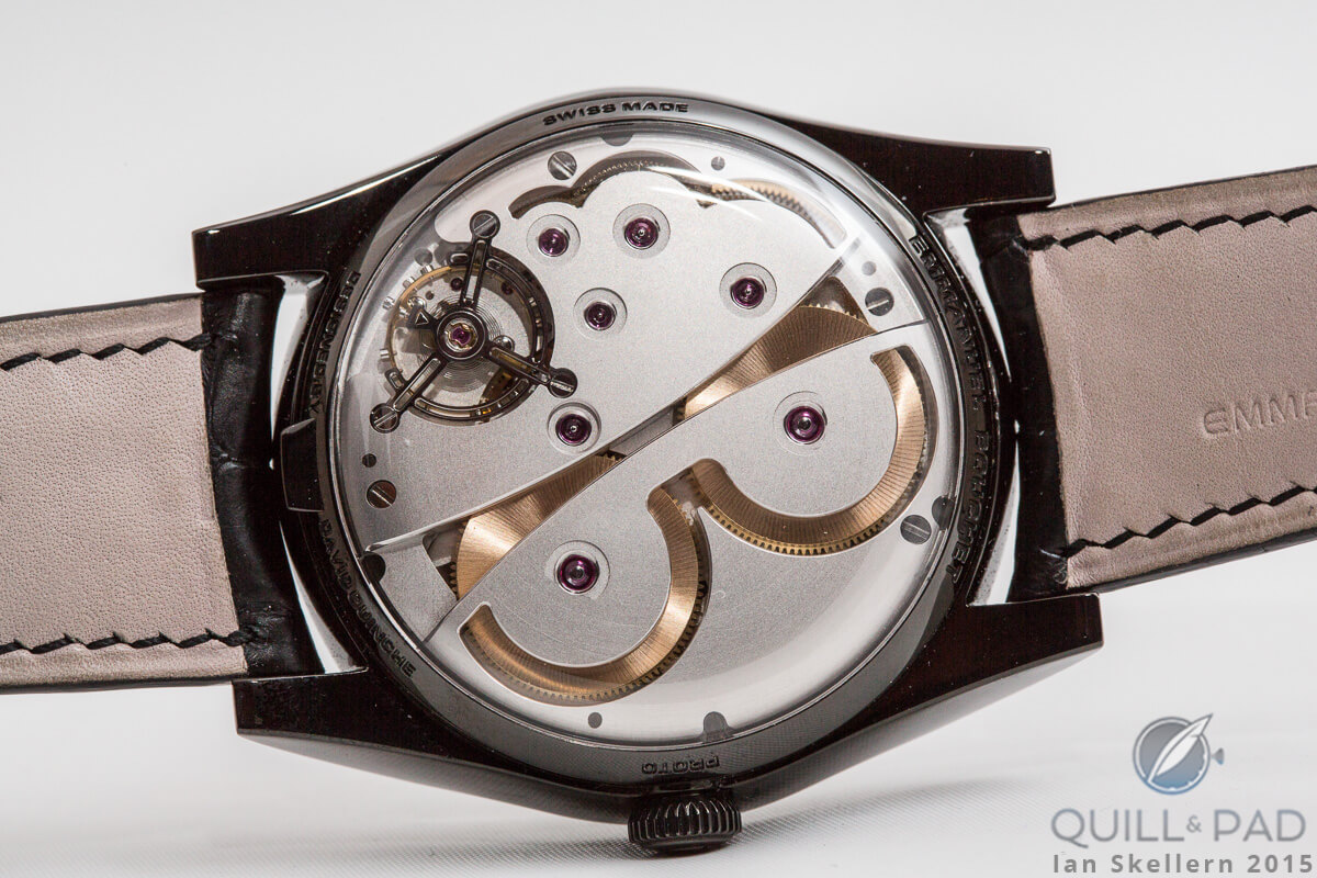 The interesting and finely finished back of Complication 1 by Emmanuel Bouchet