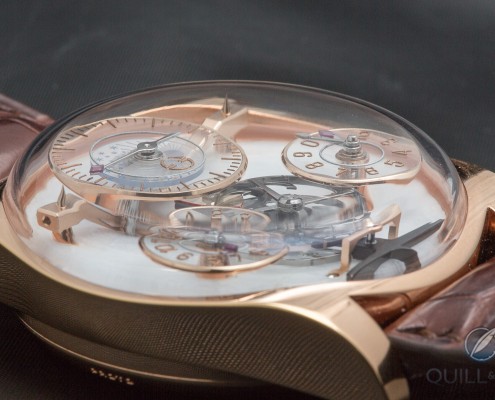 This side view highlights the incredible three-dimensionality of the dial of Emmanuel Bouchet's Complication 1. Note the distinctive pointy cones supporting the bridges