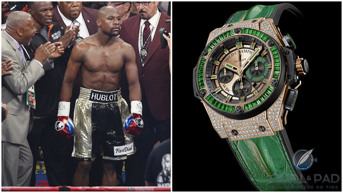 Floyd Mayweather promoting Hublot (photos courtesy EPA and L.A. Times)