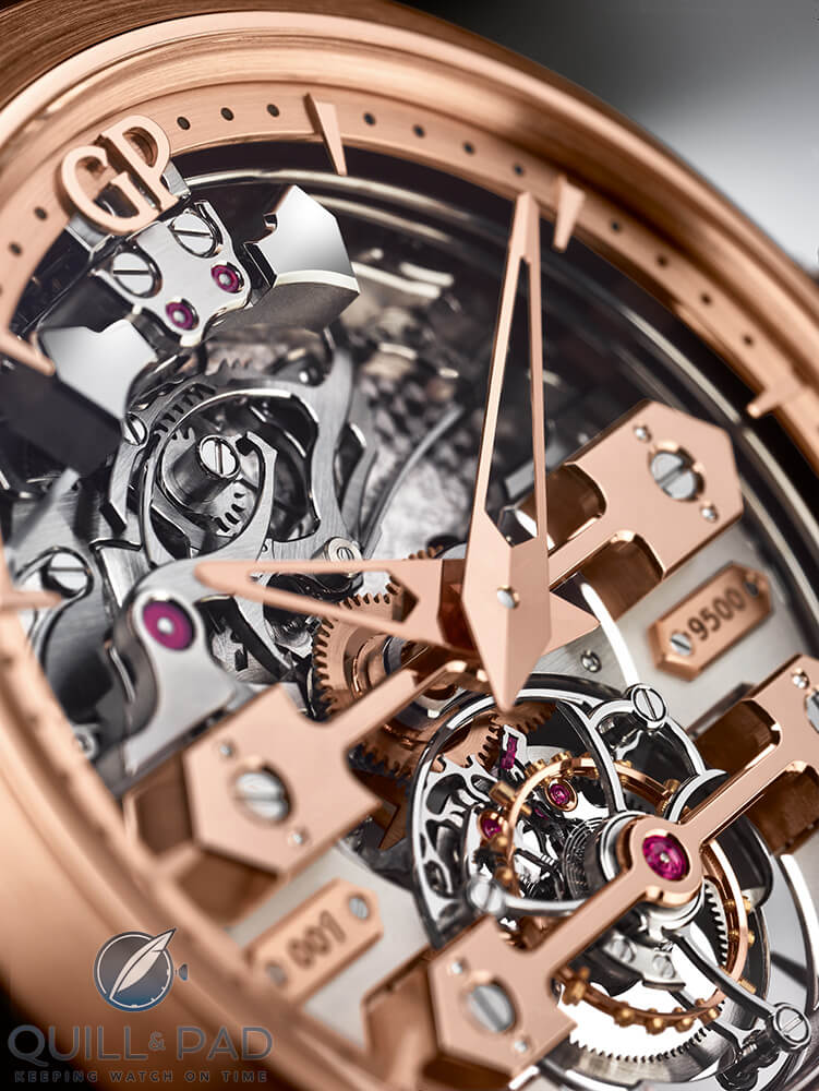 Close-up dial-side view of the Girard-Perregaux Minute Repeater Tourbillon with Gold Bridges