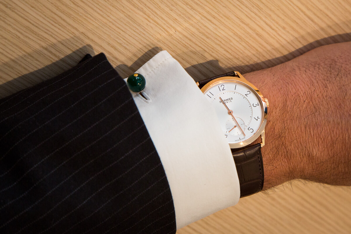 Slim d’Hermès watch on the wrist of Laurent Dordet, CEO La Montre Hermès 