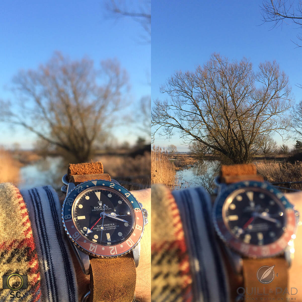 This is a typical Simon Cudd photo collage, with emphasis on both the watch and the landscape, of his favorite watch: a Rolex GMT-Master “Pepsi” from 1973, the year of his birth
