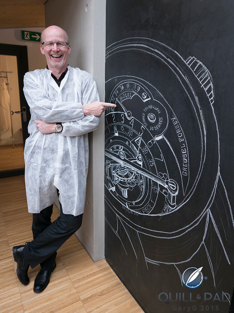 The author, his Invention Piece Number 1, and the mural in the Greubel Forsey workshop