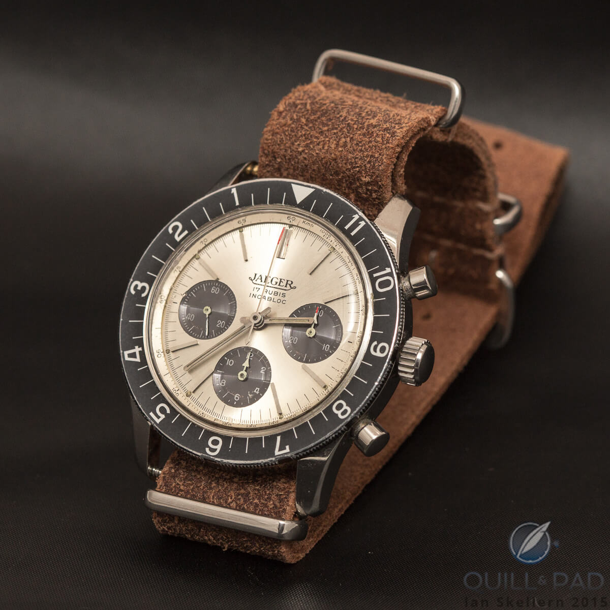 The distressed leather strap perfectly complements this vintage Jaeger 