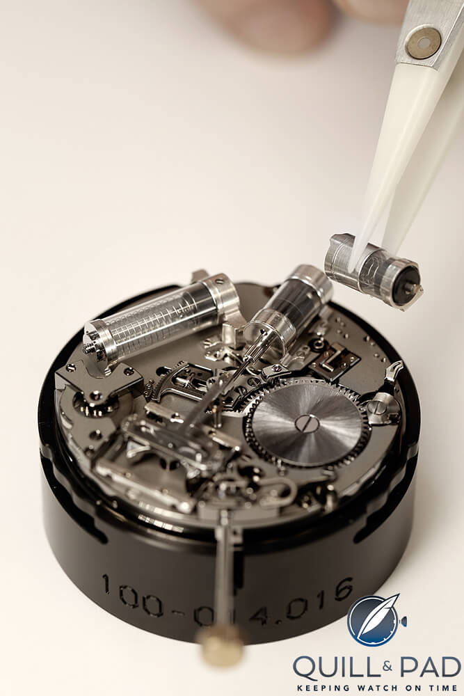 The miniature air pistons that power the bird's song on the Jaquet Droz Charming Bird
