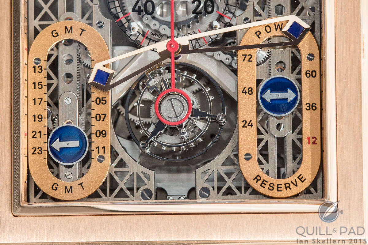 GMT indicator (left) and power reserve indicator (right) on the Jean Dunand Palace