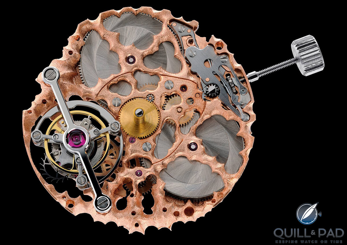 Organically engraved bridges and plates of the Tourbillon Organic Skeleton by Kees Engelbarts