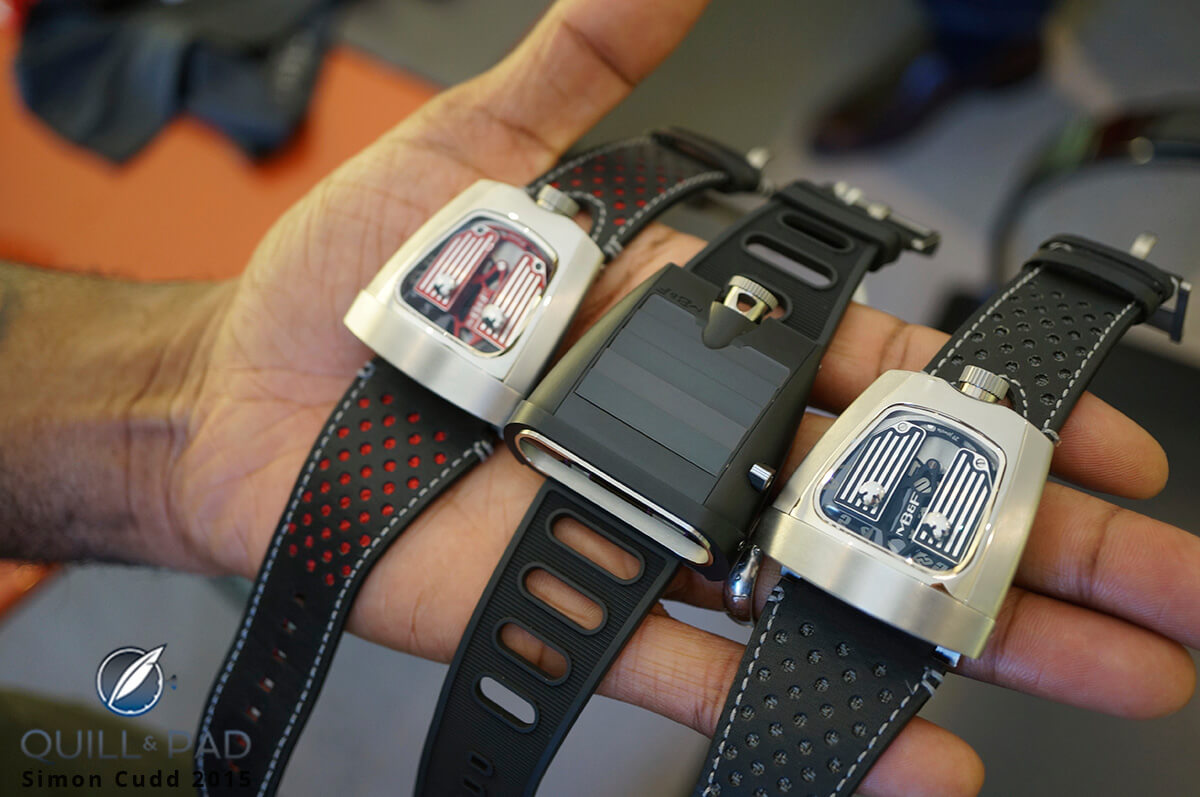 Now that's a handful! Right to left: the MB&F HMX Red, HM5 CarbonMacrolon, and HMX Blue