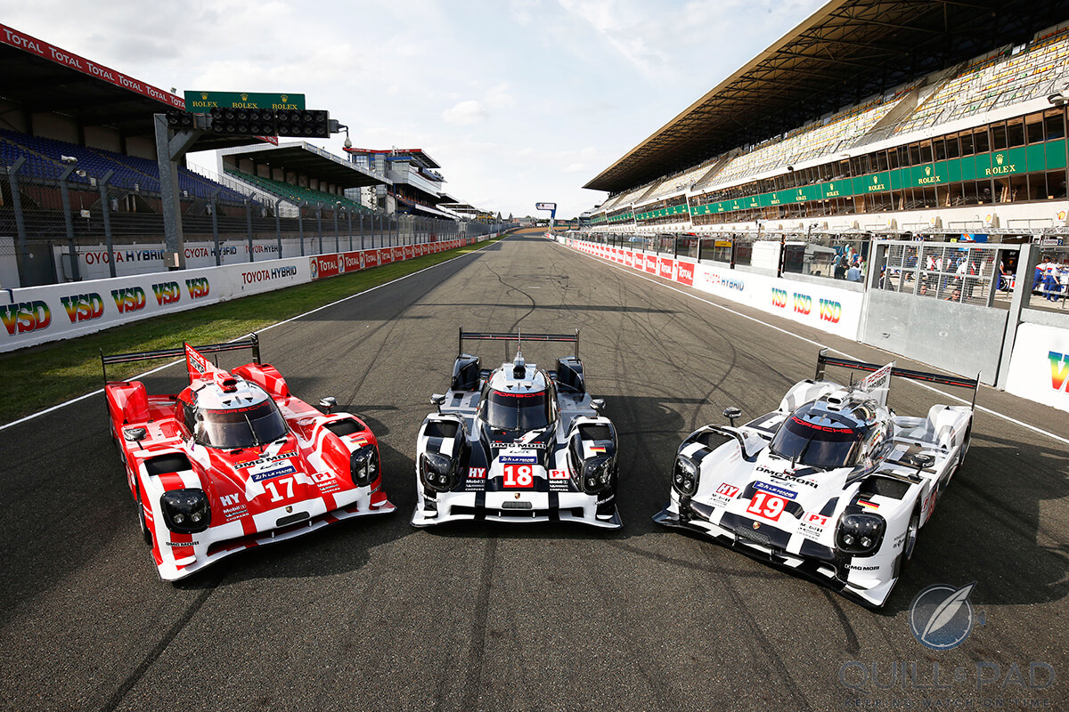 The three Porsche 919 Hybrid automobiles that raced in the 2015 24 Hours of Le Mans: (l to r) no. 17, no. 18, and eventual winner no. 19