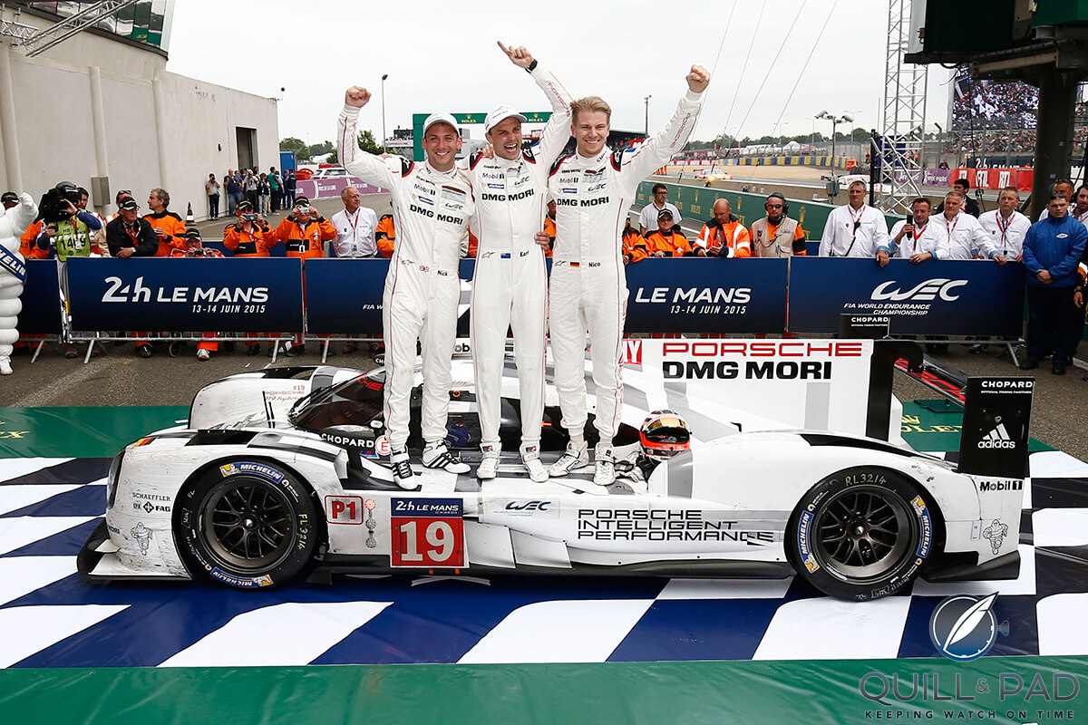 The Porsche team that ended up winning the 2015 edition of 24 Hours of Le Mans: Nick Tandy, Earl Bamber, Nico Hülkenberg in car number 19