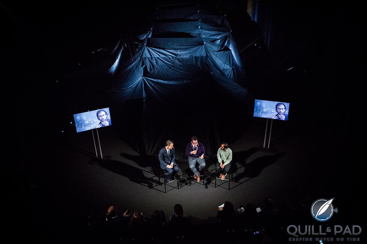 It's a tent:  (l to r) Marc-Olivier Wahler, François-Henry Bennahmias, and Robin Meier discuss the 