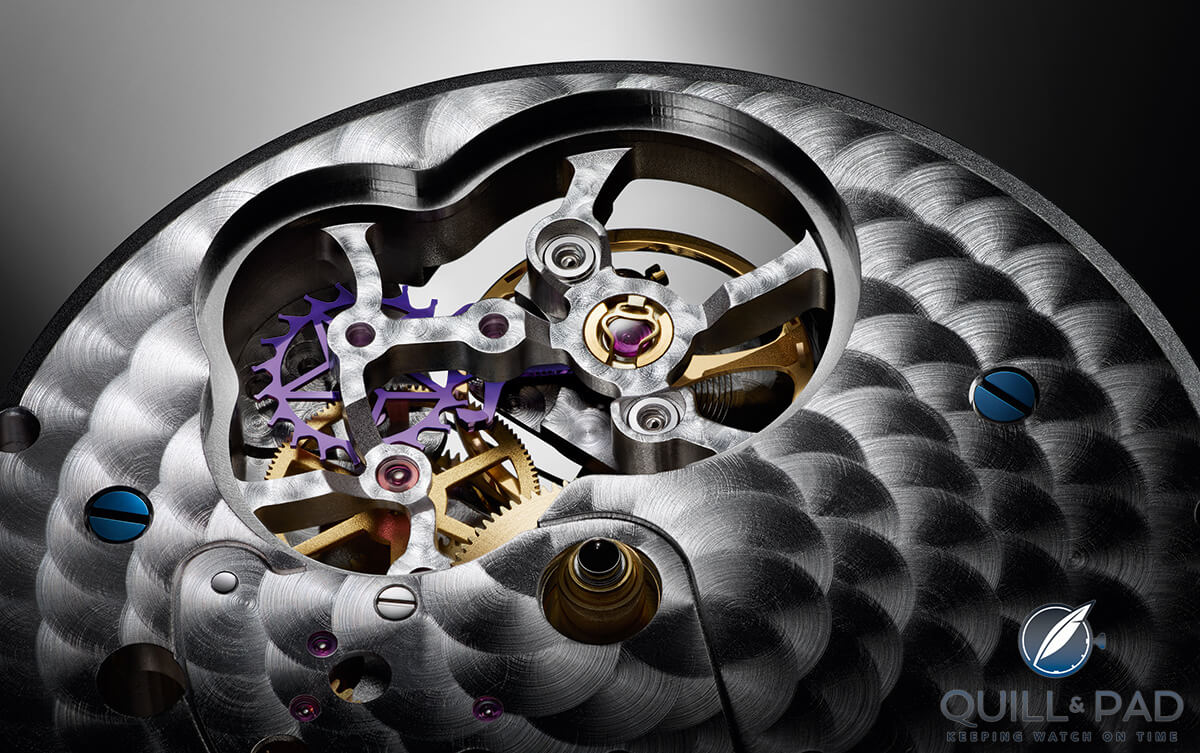 A close look at the Zenith El Primero opening in the plate through to the regulator