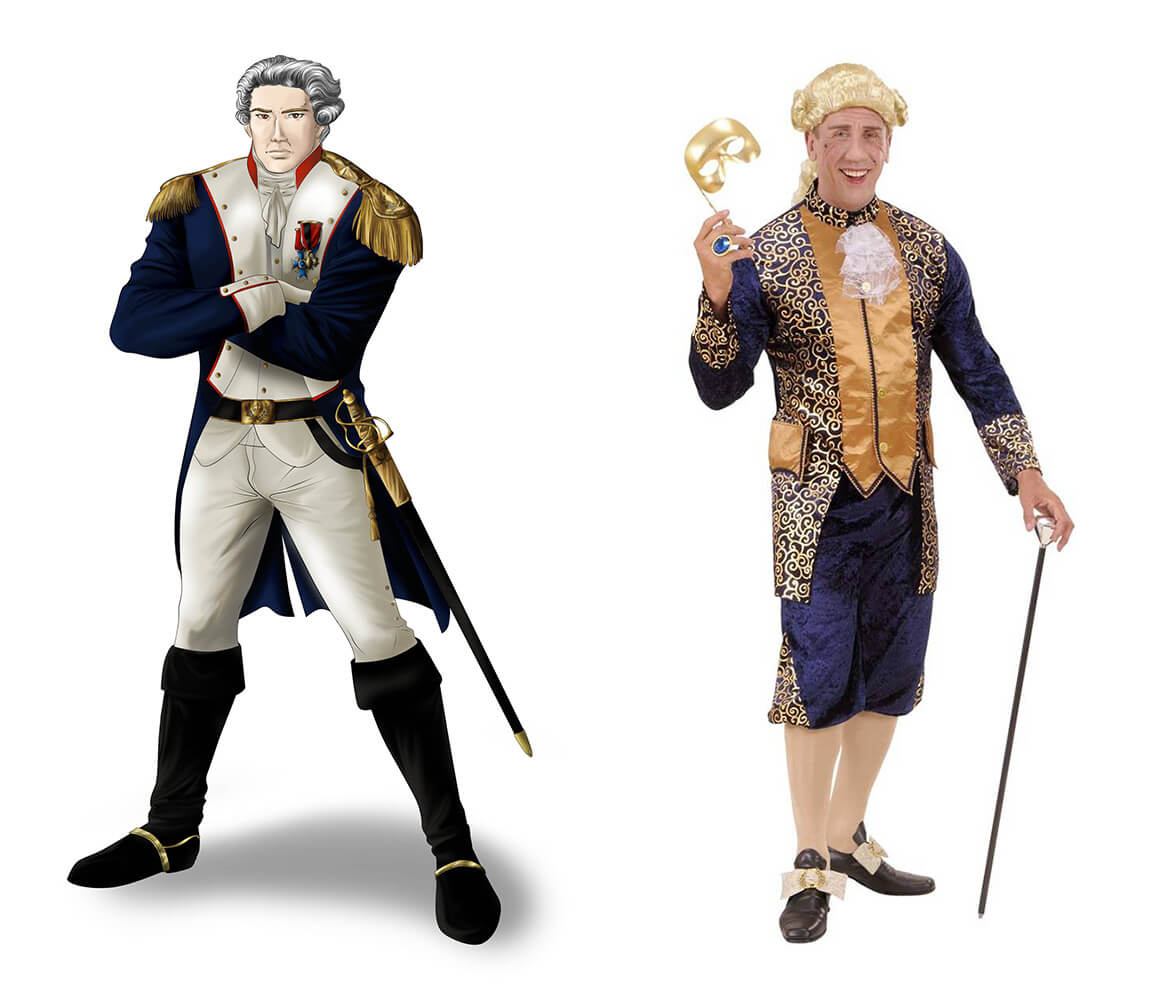 The marquis as he imagines himself (left) and as others actually see him (right)