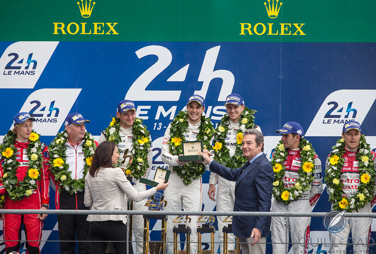 The three drivers of the overall winning team received specially engraved Rolex Cosmograph Daytonas from Philippe Schaeffer, Rolex France: Porsche’s LMP1 team Nick Tandy, Nico Hülkenberg, Earl Bamber