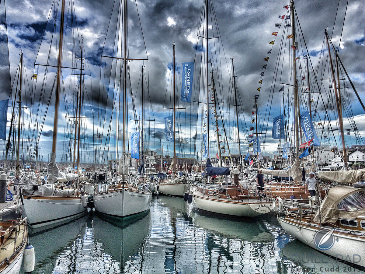 Yachts displaying the Panerai flag during the British Classic Week at the Cowes Yacht Club marina, Isle of Wight