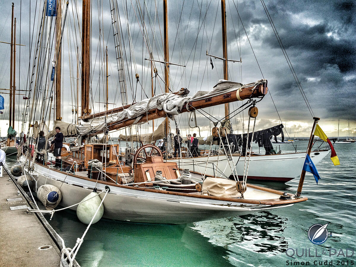 ‘Eleonora,’ a vintage gaff-rigged schooner, moored up