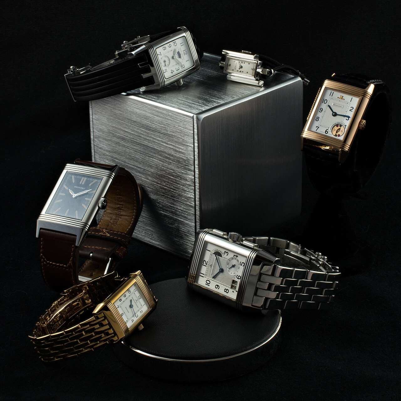 LeCoultre love, his and hers, including three of MrsG’s watches: Reverso Duetto GranSport (top left), a vintage LeCoultre (top, center), and Reverso Lady (bottom center)