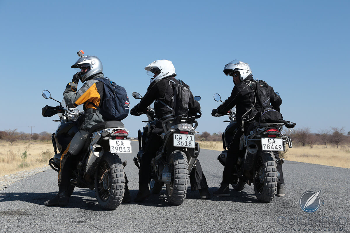Charley Boorman, Keith Strandberg, and Nick English (Bremont) riding through Africa