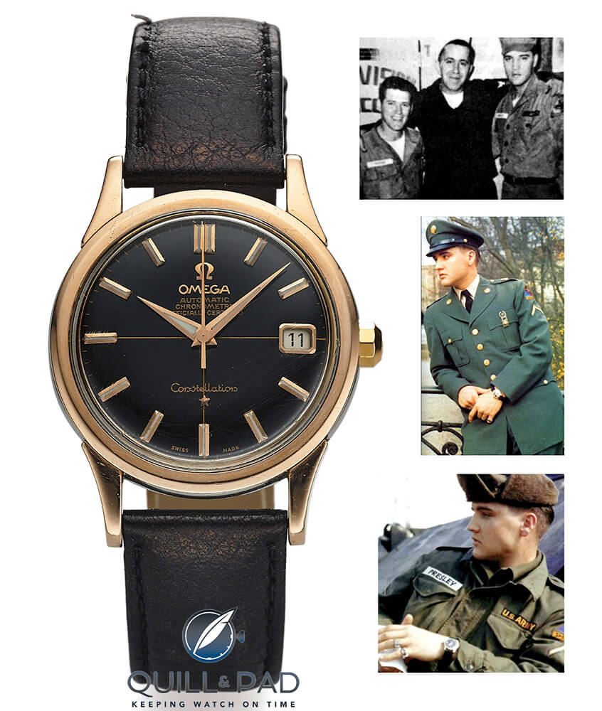 The photo collage shows Elvis Presley with Charlie Hodge (top right) as well as a few instances in which the Omega Constellation can be seen on Presley’s wrist