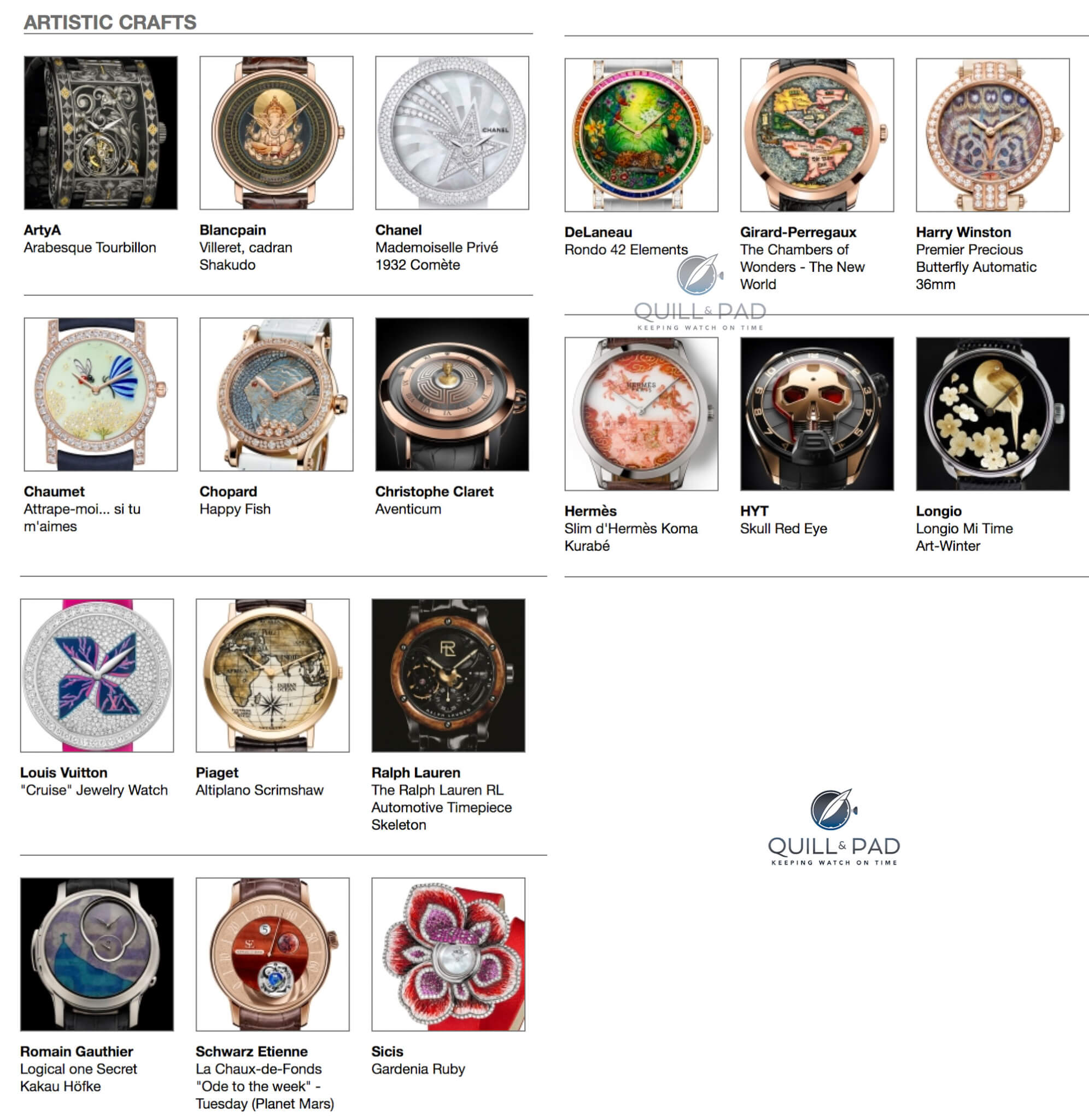 Artistic Crafts watches entered in the 2015 Grand Prix d’Horlogerie de Genève