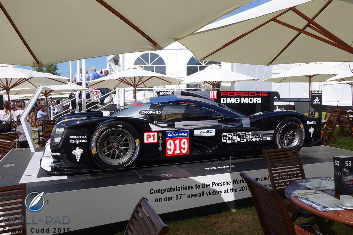 The victorious 919 Porsche Hybrid number 19 driven by Nico Hülkenberg, Earl Bamber, and Nick Tandy from the 2015 24 Hours of Le Mans at the 2015 Goodwood Festival of Speed
